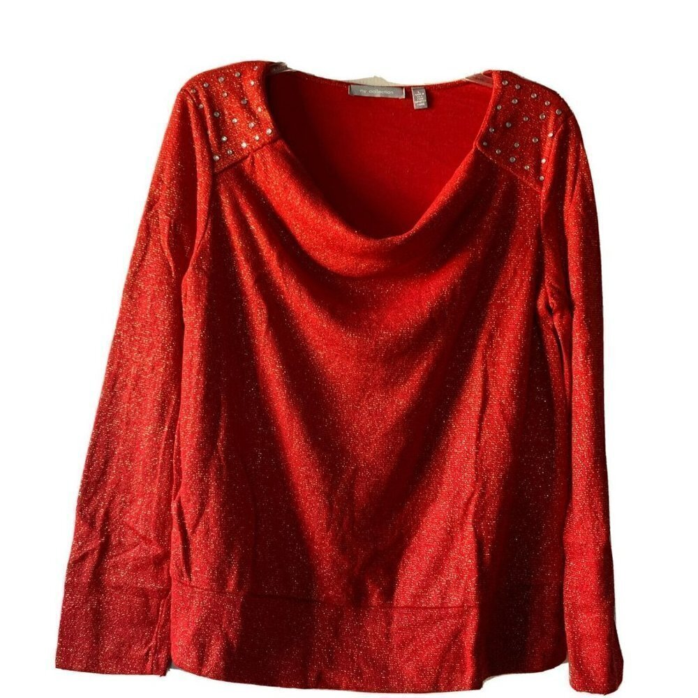 NY Collection Top large Women Sweater Red Gold Sparkles Holiday Size Large